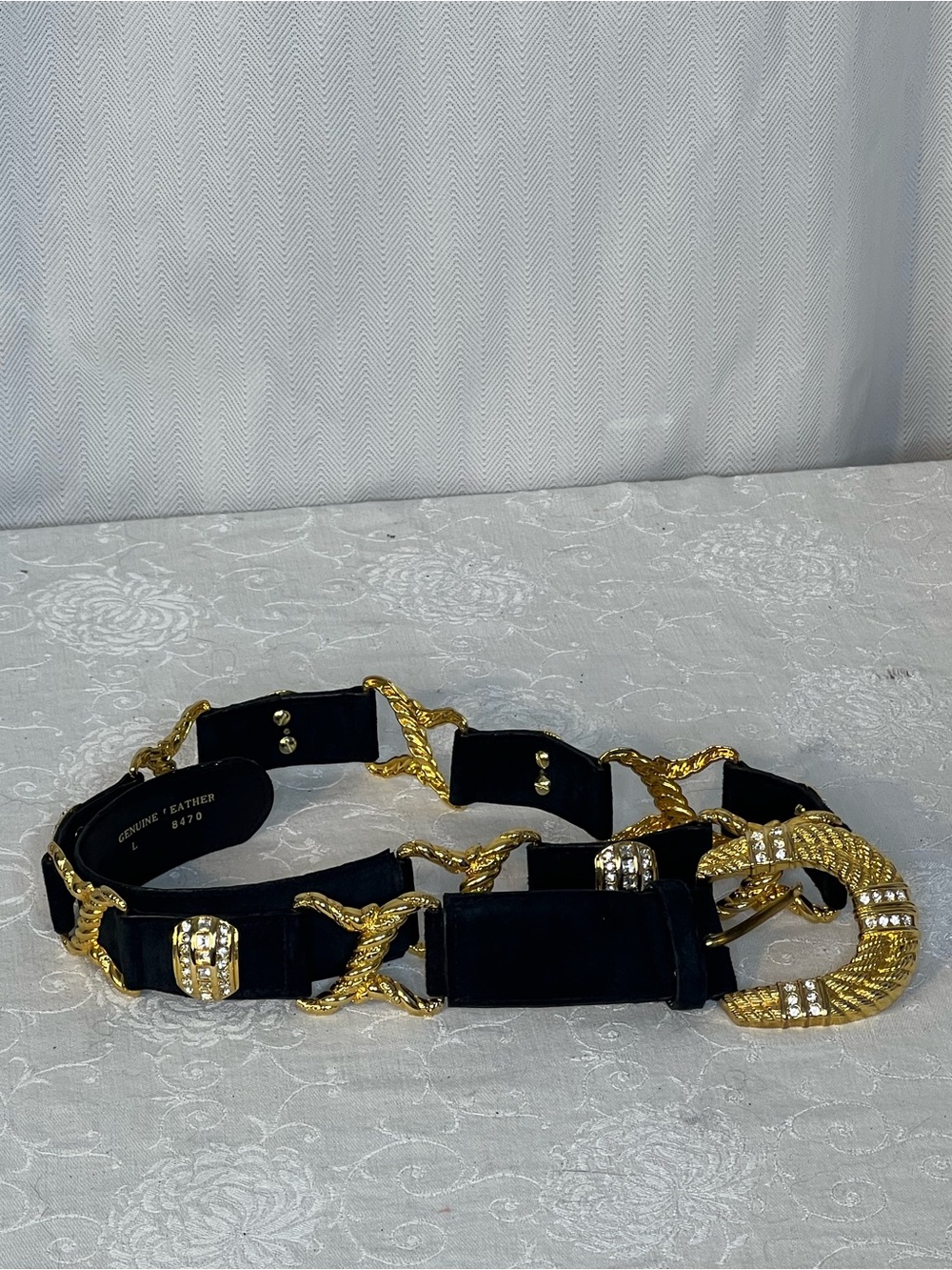 Captiva Vintage Belt Black Leather Gold Plated Hardware & Rhinestones 1980’s L